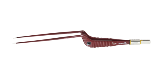 Rote SuperGliss non-stick bipolare Pinzette ELP mit extra langer, abgewinkelter Form auf weißem Hintergrund