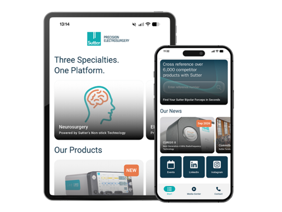 Sutter App auf Smartphone und Tablet mit Produktübersicht, Newsbereich und digitalen Servicefunktionen.