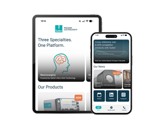 Sutter app displayed on smartphone and tablet with products, news, and digital service features.