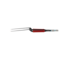 Kurze Masterpiece™ non-stick bipolare Pinzette mit rotem Griffbereich und abgewinkelter Spitze vor weißem Hintergrund.
