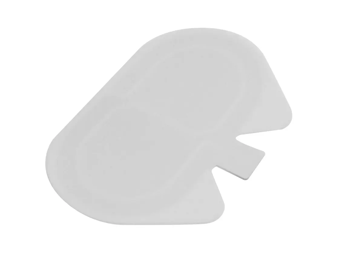 Selbstklebende, graue Neutralelektrode in ergonomischer Form, vor weißem Hintergrund.