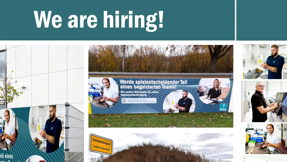 Sutter-Personalmarketing-Stellenanzeigen-Emmendingen.jpg Sutter Medizintechnik wirbt mit großflächigen Bannern und Plakaten für neue Mitarbeitende in Emmendingen – Teil eines engagierten Teams werden.