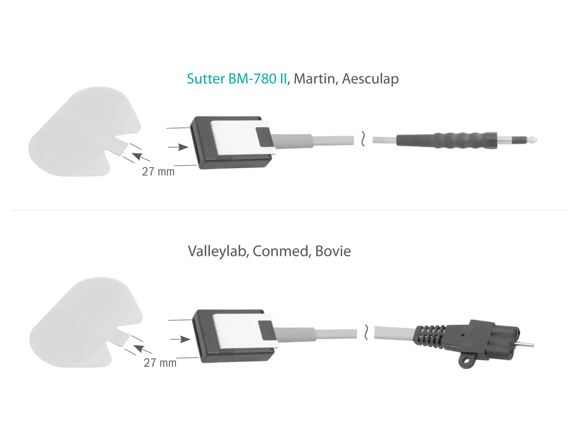 Zwei Anschlussvarianten einer Neutralelektrode mit passenden Kabeln, schematisch dargestellt auf weißem Hintergrund.