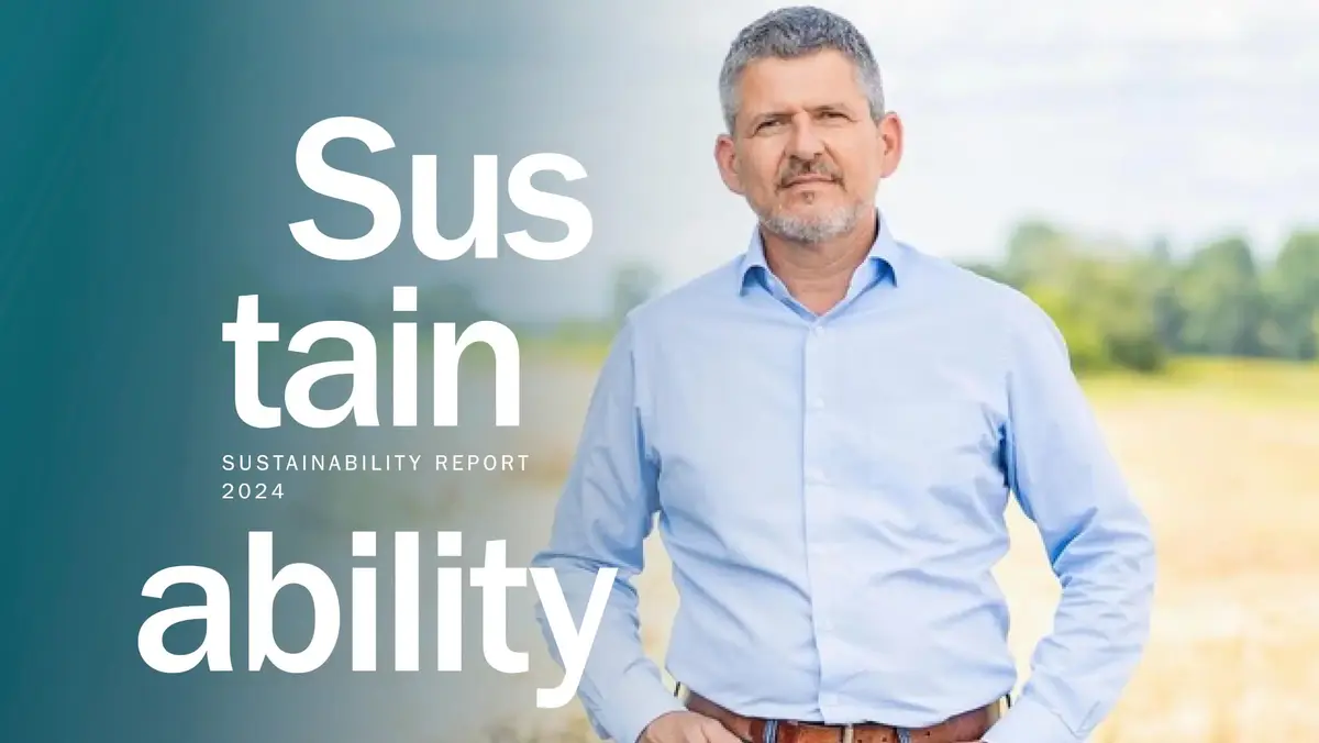 Cover image of the Sutter Sustainability Report 2024. In the foreground, a person wearing a light blue shirt and jeans stands in front of a natural landscape. On the left, large white text reads ‘Sustainability’ and ‘Precision, Sustainability and Culture,’ alongside the Sutter logo with the tagline ‘Precision Electrosurgery.’