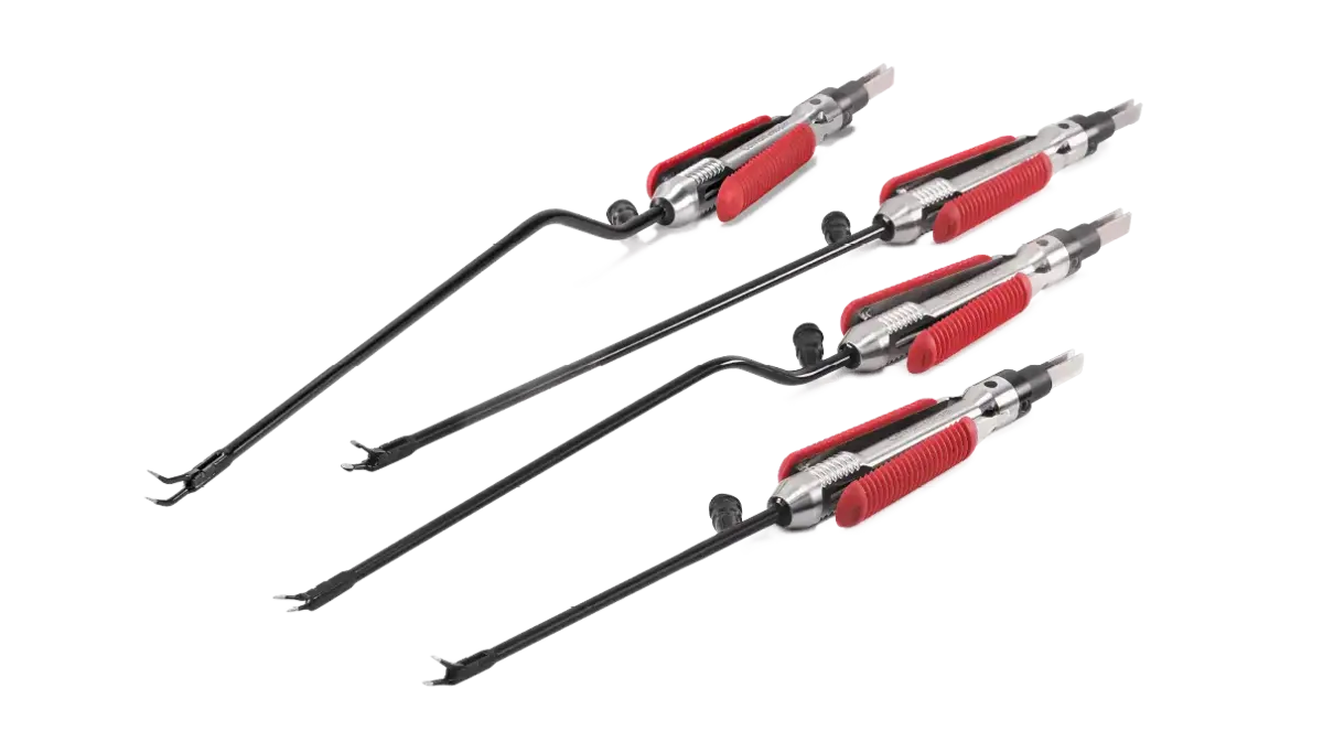 Four Calvian endo-pen® bipolar forceps with black shaft and red grip area against a white background.