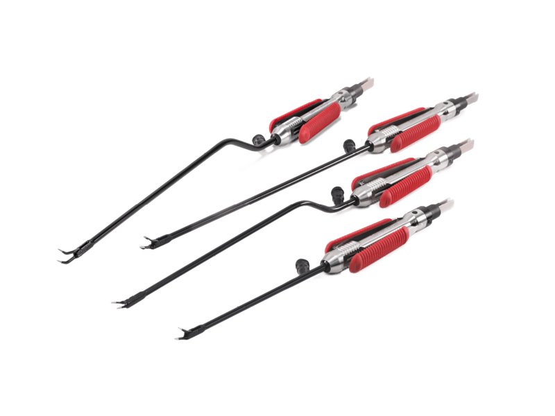 Four Calvian endo-pen® bipolar forceps with black shaft and red grip area against a white background.