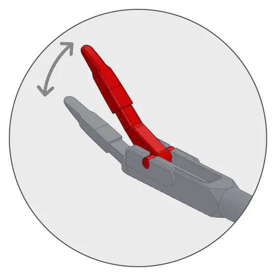 Grafische Darstellung einer grauen Calvian endo-pen bipolaren Klemme mit rotem Greifelement und Bewegungsanzeige.