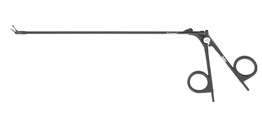 Calvian® Bipolare Zangen - Metallische bipolare Zange in Scherenform mit geradem Schaft vor weißem Hintergrund.