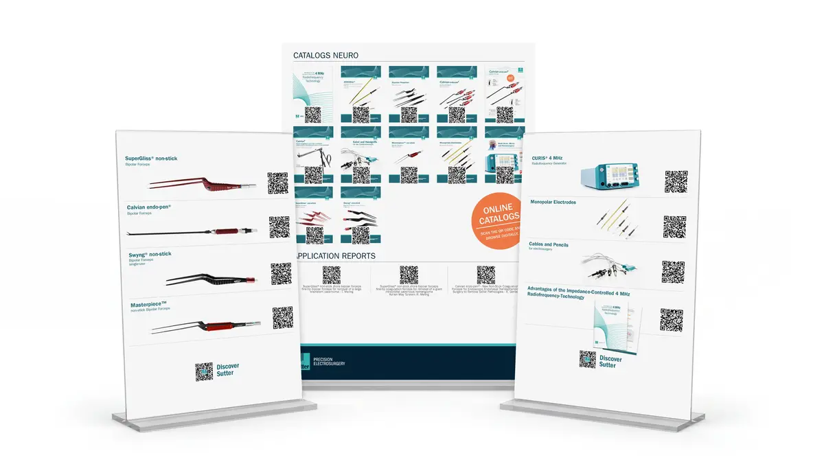 Three display stands with QR codes present products from the NEURO catalog, including bipolar forceps, electrodes, and a radiofrequency generator. The central panel highlights online catalogs and application reports with a callout “Online Catalogs.” The QR codes provide direct access to digital content.