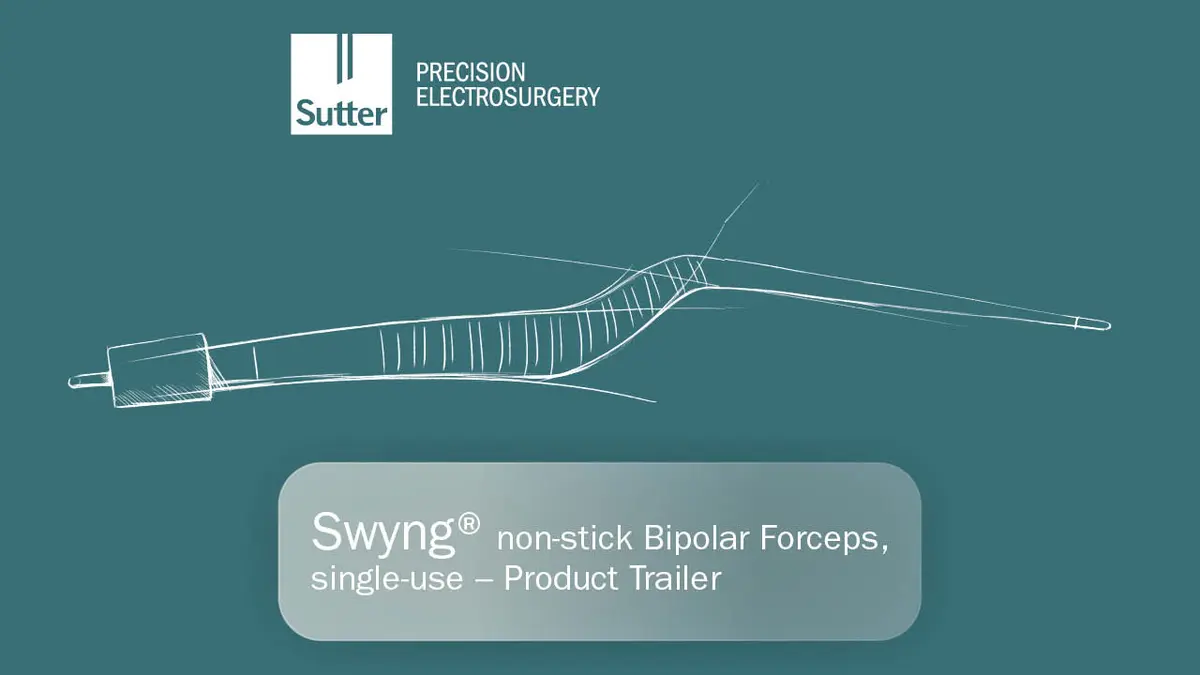 Swyng-nonstick-product-trailer-Sutter.jpg Illustration der Swyng® non-stick Bipolare Pinzetten, single-use von Sutter Medizintechnik, Produkttrailer-Abbildung auf blauem Hintergrund.