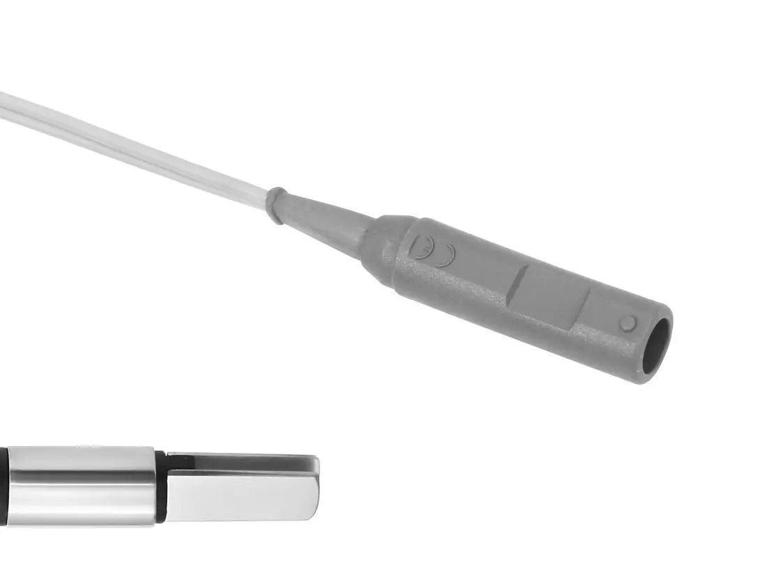 Bipolares Anschlusskabel und Steckeransicht zur Verbindung von Instrumenten mit Elektrochirurgiegeräten.