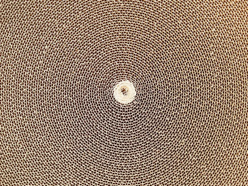 Close-up of corrugated cardboard structure in spiral pattern made from recycled paper