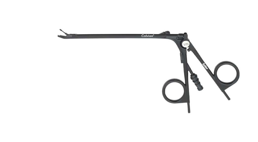 Calvian® Bipolare Zangen - Metallische bipolare Zange in Scherenform mit geradem Schaft vor weißem Hintergrund.