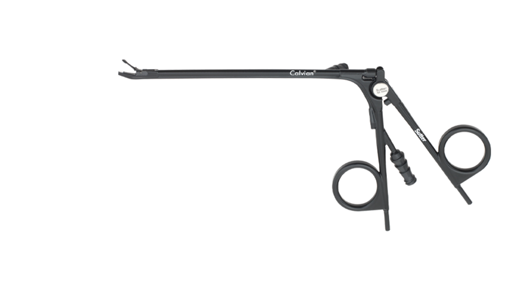 Calvian® Bipolare Zangen - Metallische bipolare Zange in Scherenform mit geradem Schaft vor weißem Hintergrund.