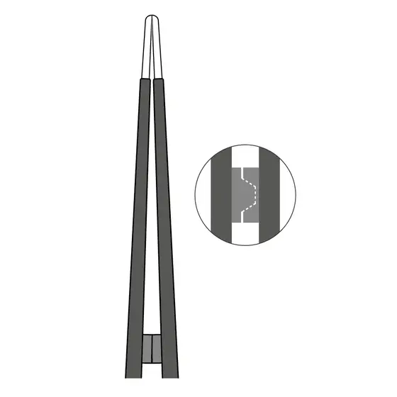 Schwarz-graue Illustration einer Swyng® non-stick bipolaren Pinzette mit vergrößerter Detailansicht der Standardspitzenform.