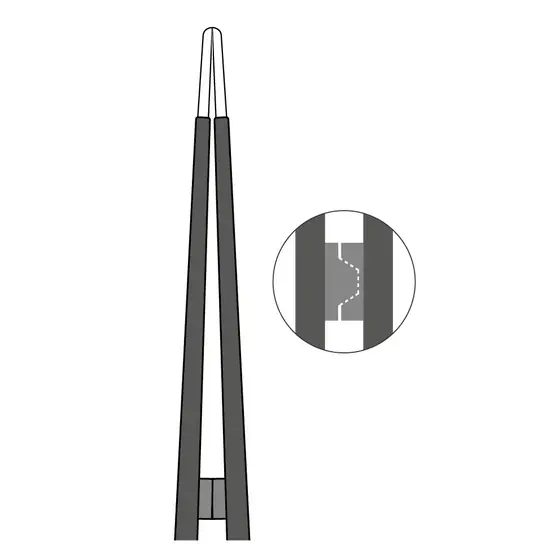 Schwarz-graue Illustration einer Swyng® non-stick bipolaren Pinzette mit vergrößerter Detailansicht der Standardspitzenform.