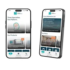 Zwei Smartphones zeigen die Sutter App mit Produktübersicht, Newsbereich und Produktsuche.