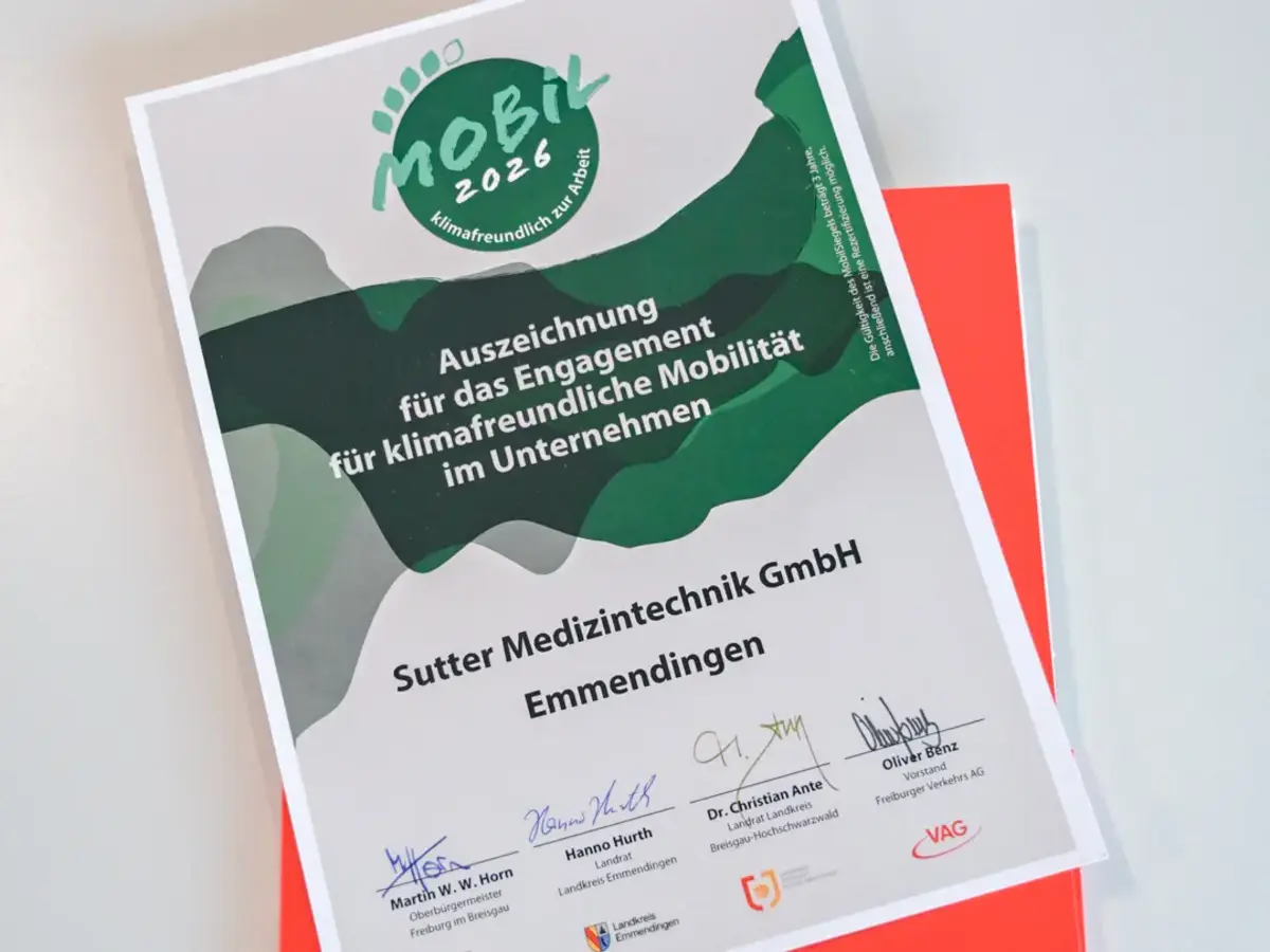 Urkunde des Mobil-Siegels 2026 für die Sutter Medizintechnik GmbH in Emmendingen.