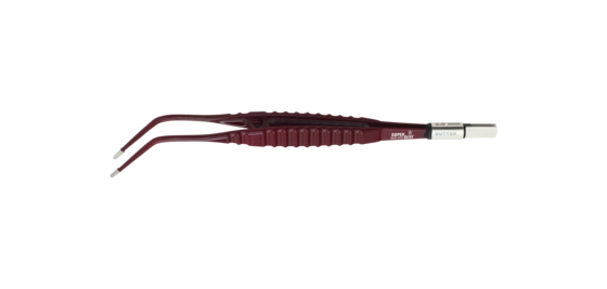 Kurze rote SuperGliss bipolare Pinzette mit abgewinkelter Spitze vor weißem Hintergrund.