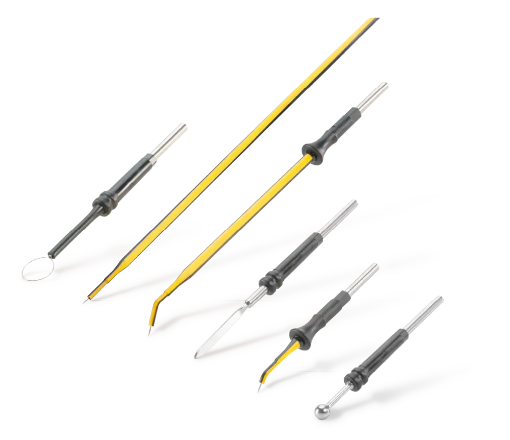 Several monopolar electrodes with different tip shapes on a white background.