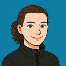 mitarbeiterin-avatar-sutter-medizintechnik.png Comichafte Darstellung von Person mit lockigem Haar und schwarzer Jacke vor blauem Hintergrund – Gesicht unscharf dargestellt