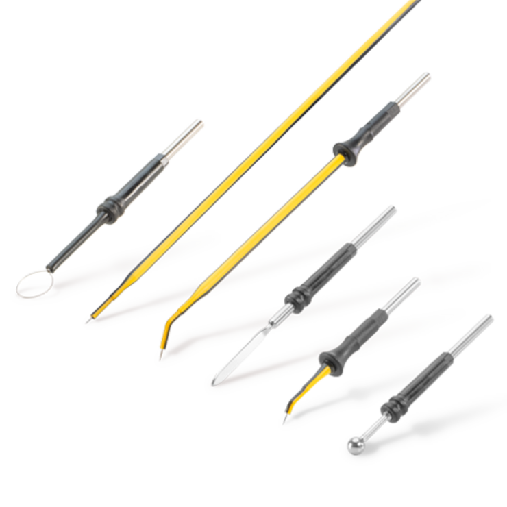 Several monopolar electrodes with different tip shapes on a white background.