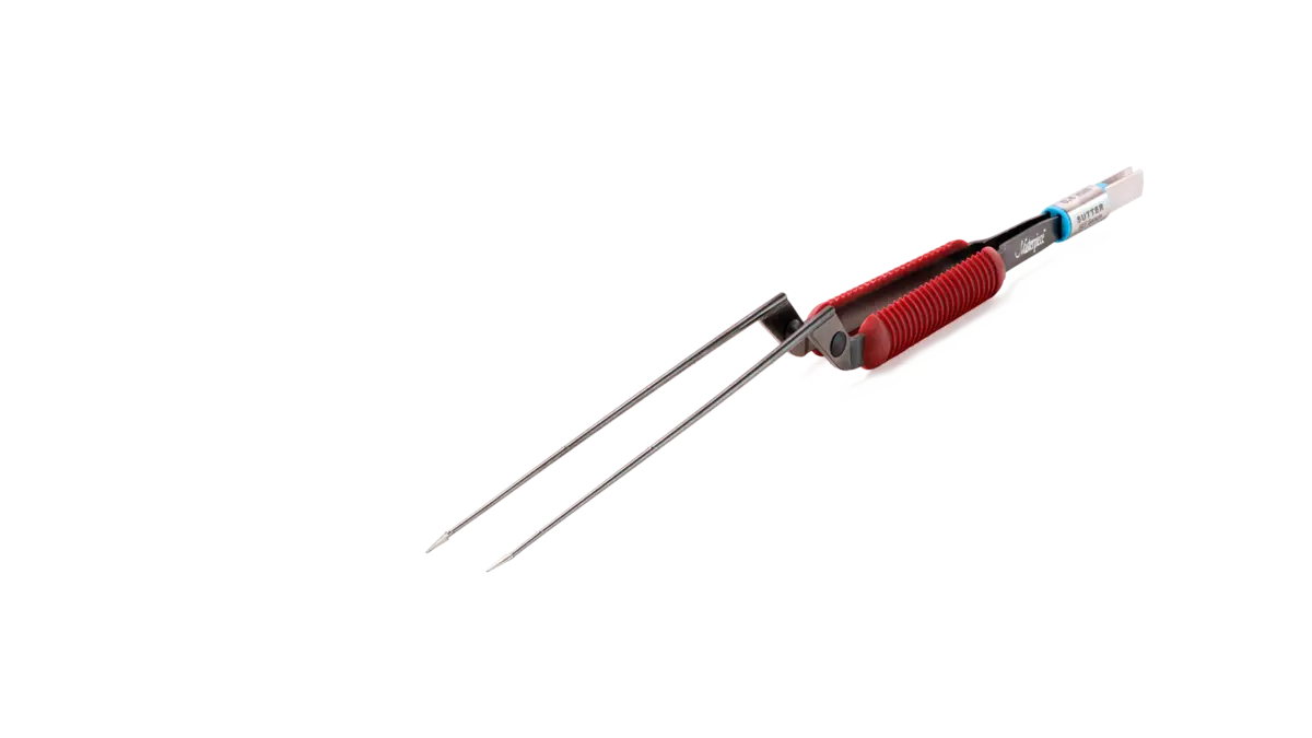 Masterpiece™ non-stick bipolar forceps with a red grip area and angled tip against a white background.