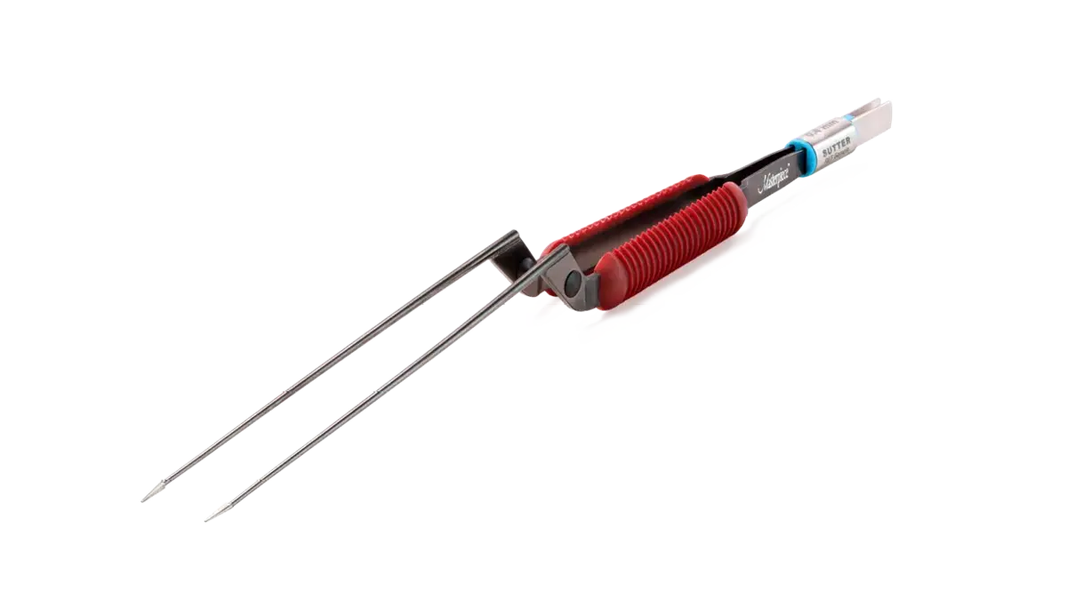 Masterpiece™ non-stick bipolare Pinzette mit rotem Griffbereich und gerader Spitze vor weißem Hintergrund.