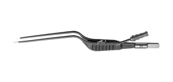 Kurze schwarze Classic bipolare Saugpinzette mit gebogener Spitze vor weißem Hintergrund.