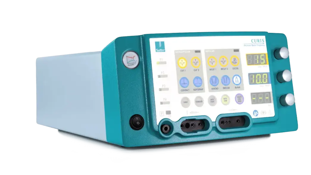 Left side view of the CURIS® 4 MHz radiofrequency generator with clearly visible control panel, rotary knobs, display, and connectors for various surgical instruments.