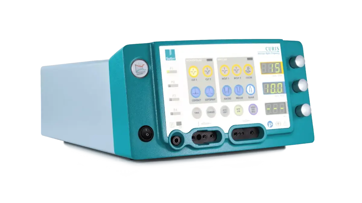 Left side view of the CURIS® 4 MHz radiofrequency generator with clearly visible control panel, rotary knobs, display, and connectors for various surgical instruments.