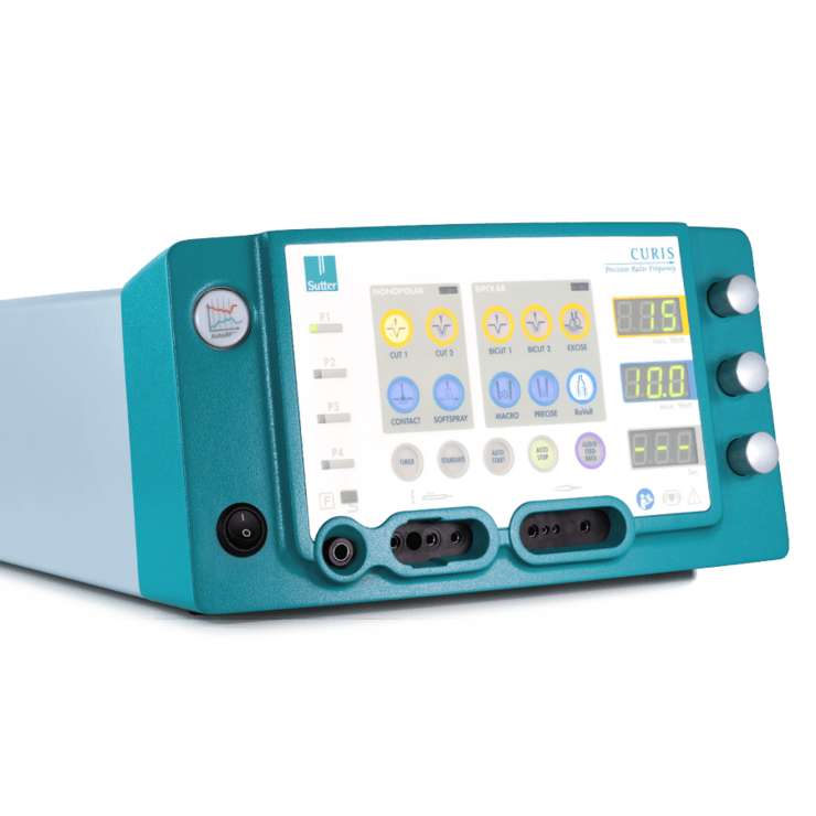 Left side view of the CURIS® 4 MHz radiofrequency generator with clearly visible control panel, rotary knobs, display, and connectors for various surgical instruments.
