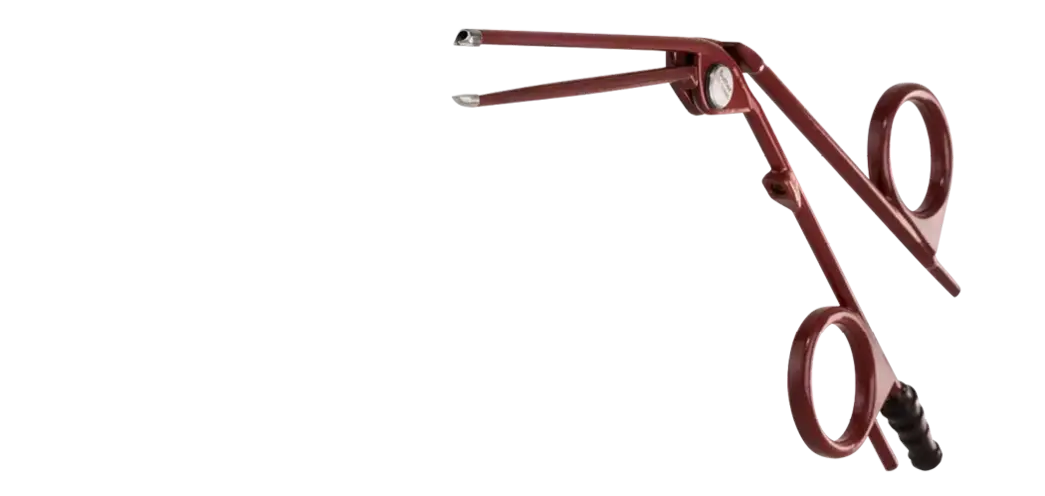 Bipolare Schere mit gerader Spitze und isoliertem roten Griff, optimiert für präzise Schnitte und gleichzeitige Koagulation in der Chirurgie.