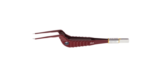 Kurze rote bipolare SuperGliss® non-stick zhora Pinzette in Standardausführung mit abgewinkelter Spitze vor weißem Hintergrund.