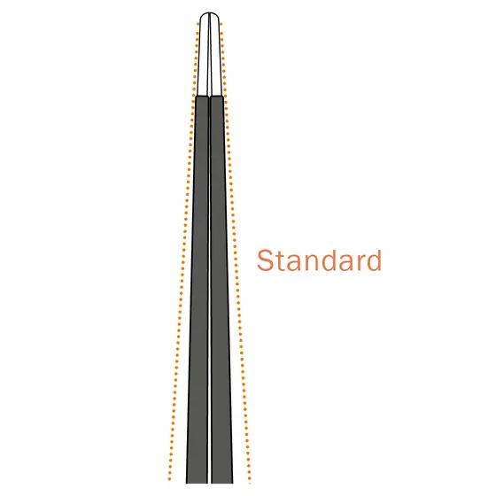 Darstellung einer Swyng® Pinzettenspitze in Standardform, schwarz mit feiner Spitze, Beschriftung „Standard“ rechts im Bild.