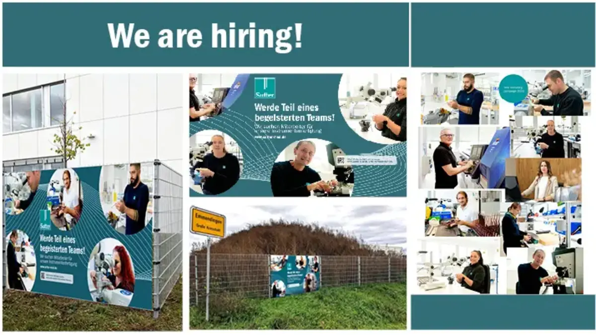Recruiting-Kollage mit Mitarbeitenden, Werbebannern und Außenwerbung für eine Personalgewinnungskampagne.