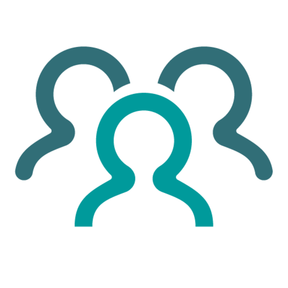 Symbol mit drei abstrakten menschlichen Figuren, wobei die mittlere Figur in Türkis und die beiden äußeren in dunklerer Farbe dargestellt sind.