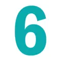 Türkisfarbene Zahl 6 auf weißem Hintergrund – symbolisiert eine nummerierte Aufzählung oder ein sechstes Element in einer Reihe.