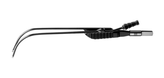 Lange schwarze Classic bipolare Saugpinzette mit gebogener Spitze vor weißem Hintergrund.