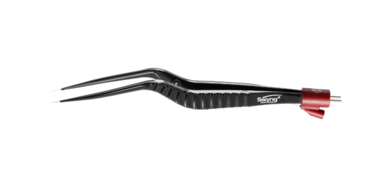 Kurze schwarze bipolare Swyng Pinzette mit abgewinkelter Spitze und rotem Anschluss vor weißem Hintergrund.