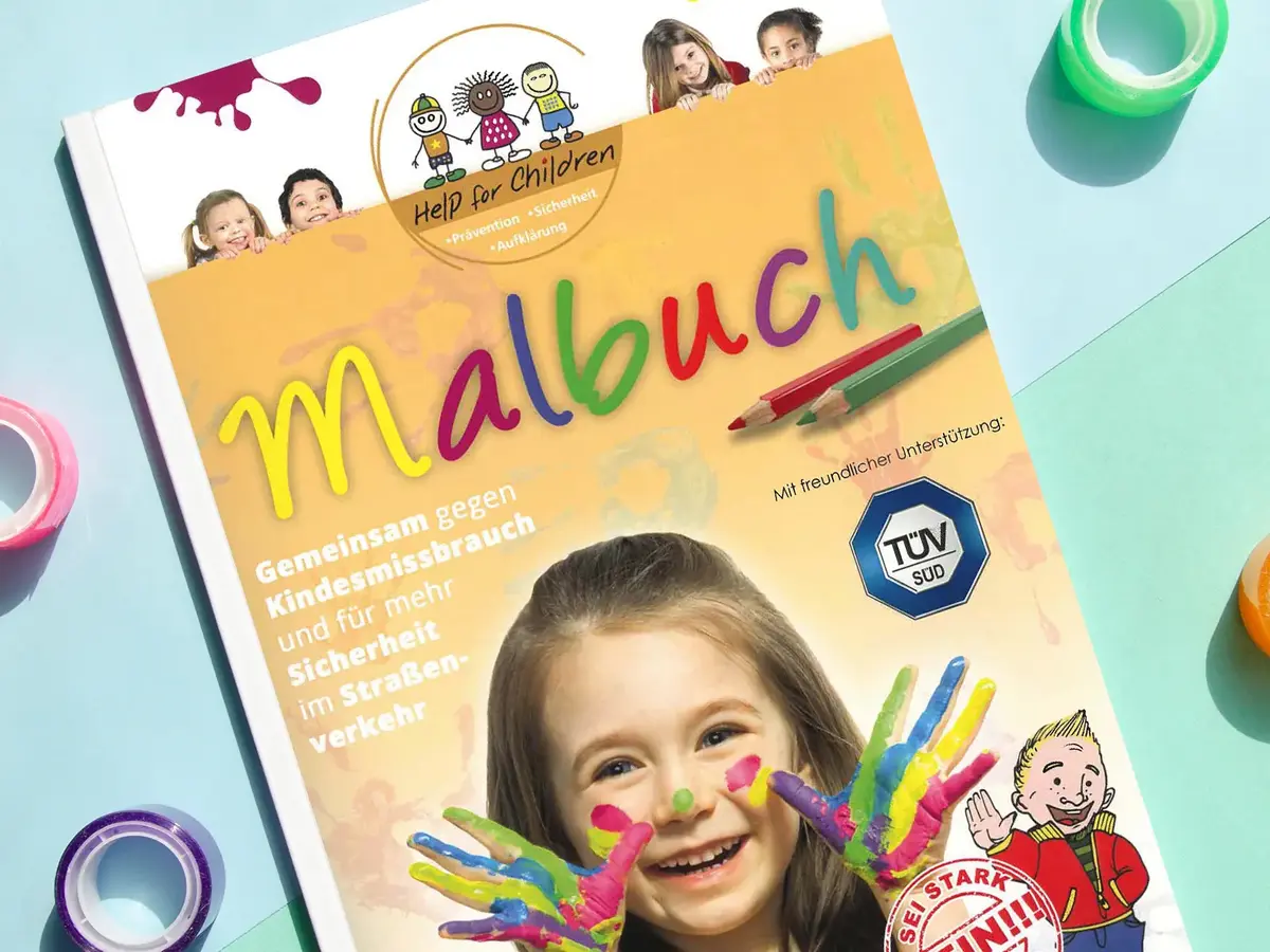 Malbuch von Help for Children mit bunten Handabdrücken und Präventionsbotschaft für Kinder.