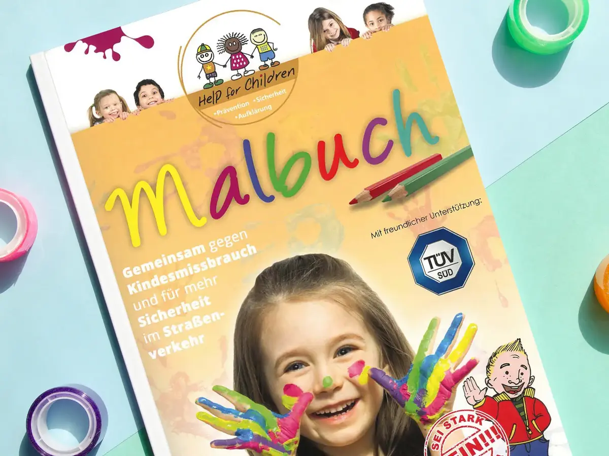Malbuch von Help for Children mit bunten Handabdrücken und Präventionsbotschaft für Kinder.