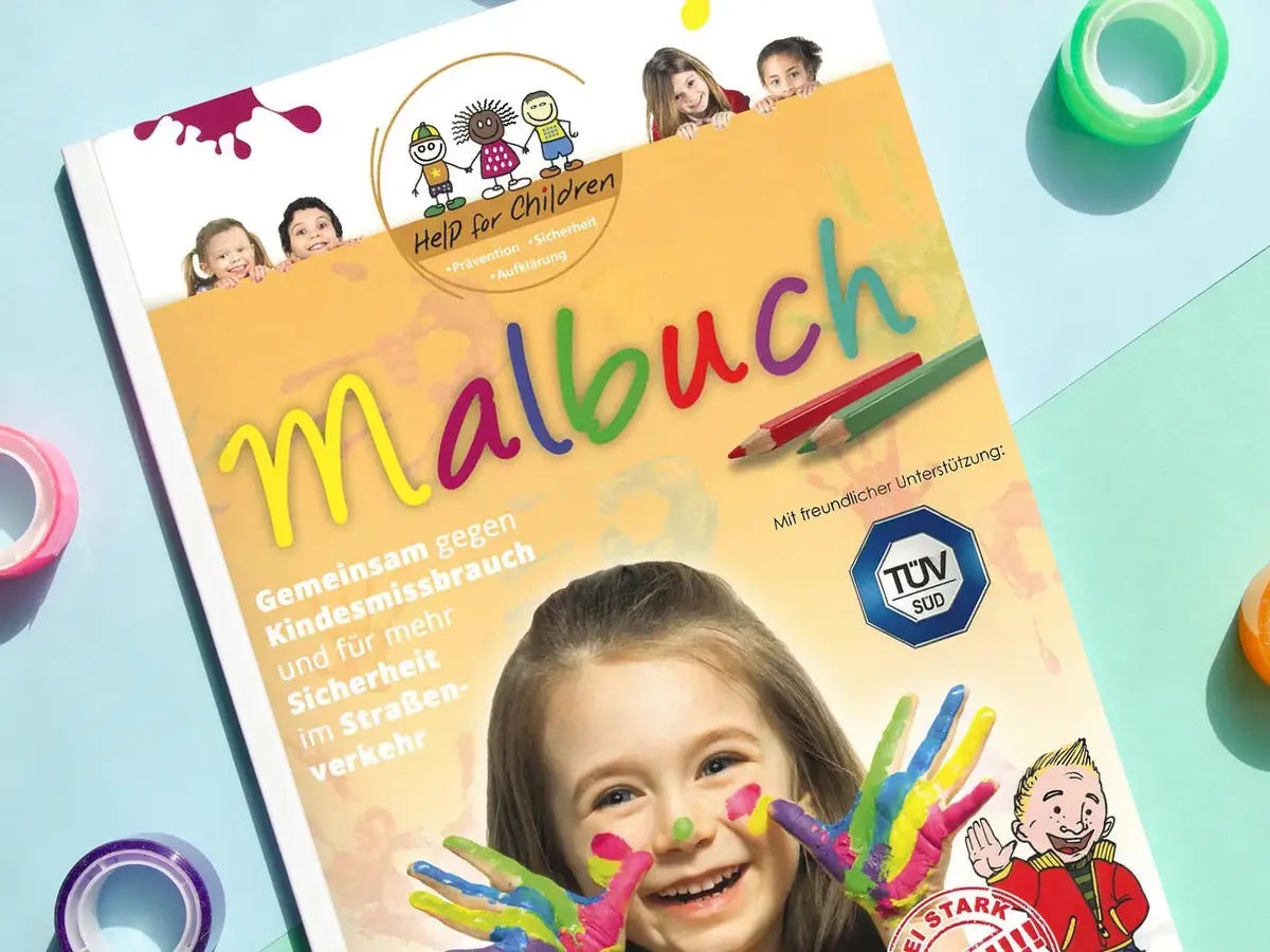 Help for Children coloring book with colorful handprints and child safety awareness message.