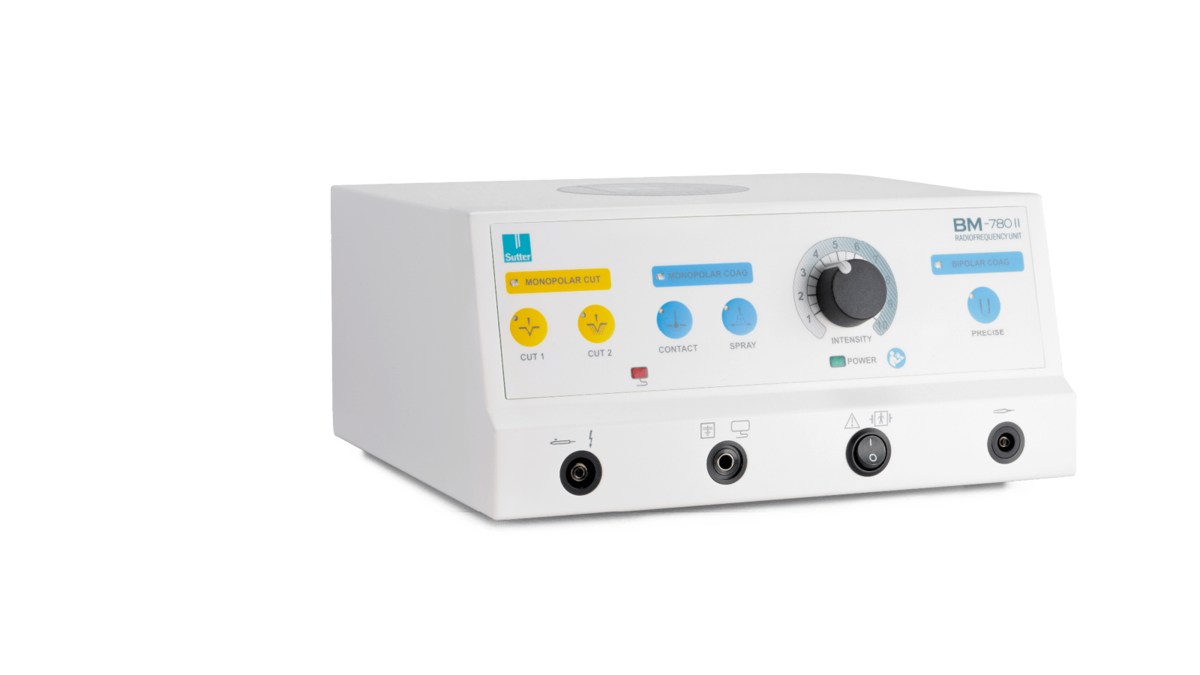 Side view of the BM-780 II radio frequency generator with rotary controls, function buttons and connectors for bipolar and monopolar instruments.