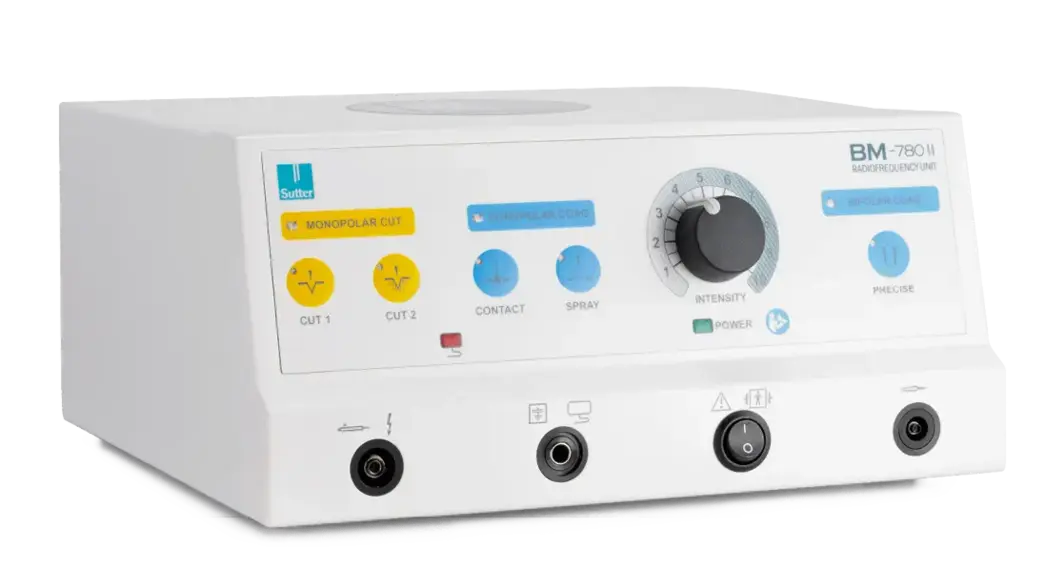 Side view of the BM-780 II radiofrequency generator with rotary knob, function buttons, and connectors for bipolar and monopolar instruments, suitable for precise cutting and coagulation in surgical applications.