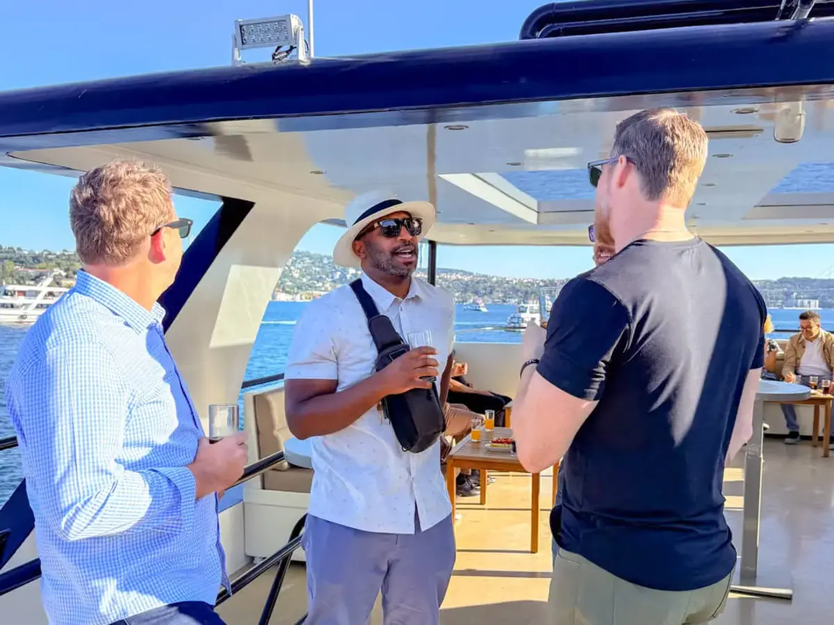 Participants of the Sutter Distributor Conference 2026 networking aboard a boat in Istanbul.