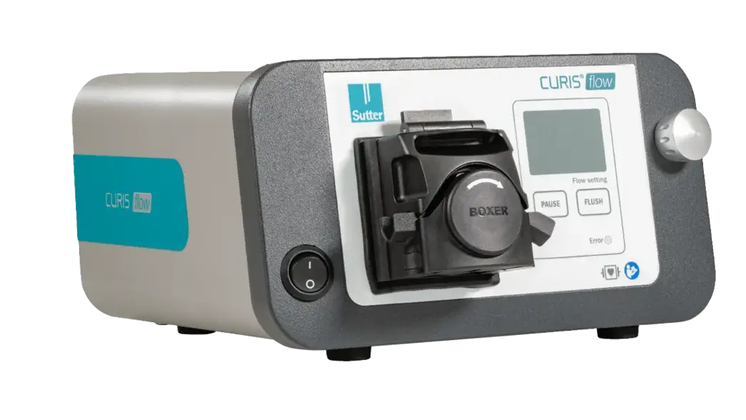 Side view of the CURIS® flow irrigation pump showing the front control elements, tube holder, and housing with Sutter logo.