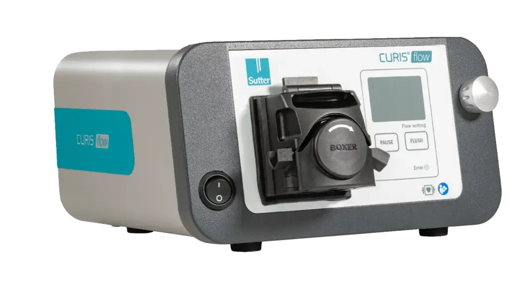 Side view of the CURIS® flow irrigation pump showing the front control elements, tube holder, and housing with Sutter logo.
