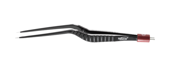 Schwarze bipolare Swyng Pinzette mit rotem Anschluss, geraden Spitzen und strukturiertem Griffbereich, auf weißem Hintergrund.