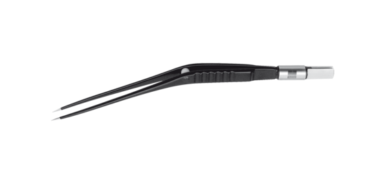 Classic micro schwarze bipolare Pinzette mit abgewinkelter Spitze vor weißem Hintergrund.